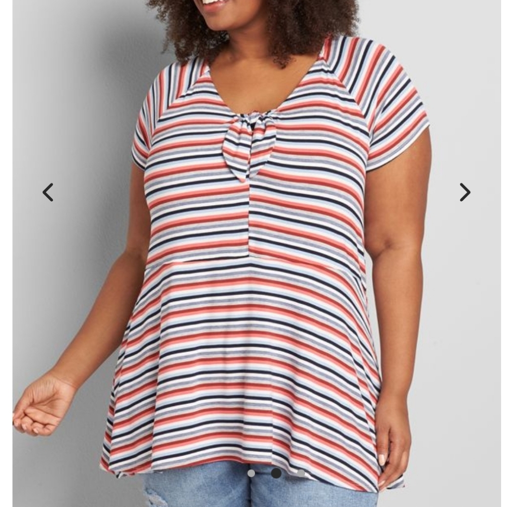 Lane Bryant Shirt Babydoll Top Striped Cap Sleeve Red Blue size 18/20 Preppy